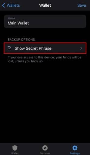 روی گزینه show secret phrase برای نمایش عبارت بازیابی کلیک کنید