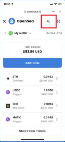 اپلیکیشن opensea را باز کنید و مطابق شکل زیر روی آیکون سرچ کلیک کنید
