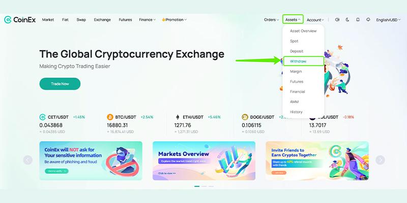 گزینه [Withdraw] را در گوشه سمت راست (بالا) انتخاب کنید