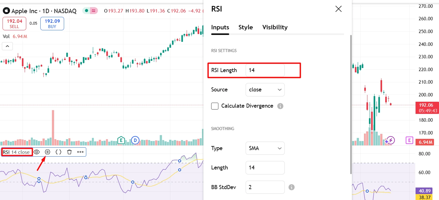 تنظیمات اندیکاتور rsi، تنظیمات rsi در تریدینگ ویو