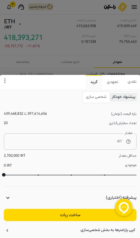 صفحه معامله حرفه‌ای ربات اسپات گرید اتریوم در راستین