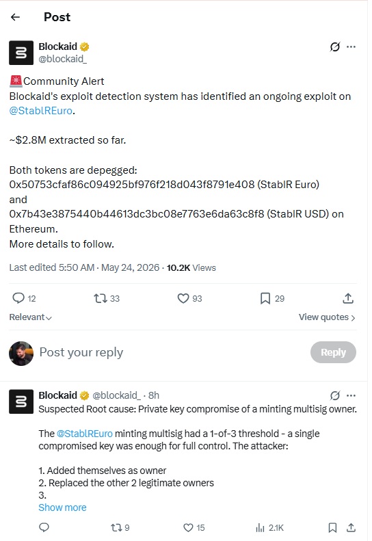 توییت blockaid در رابطه با هک سایت stablr