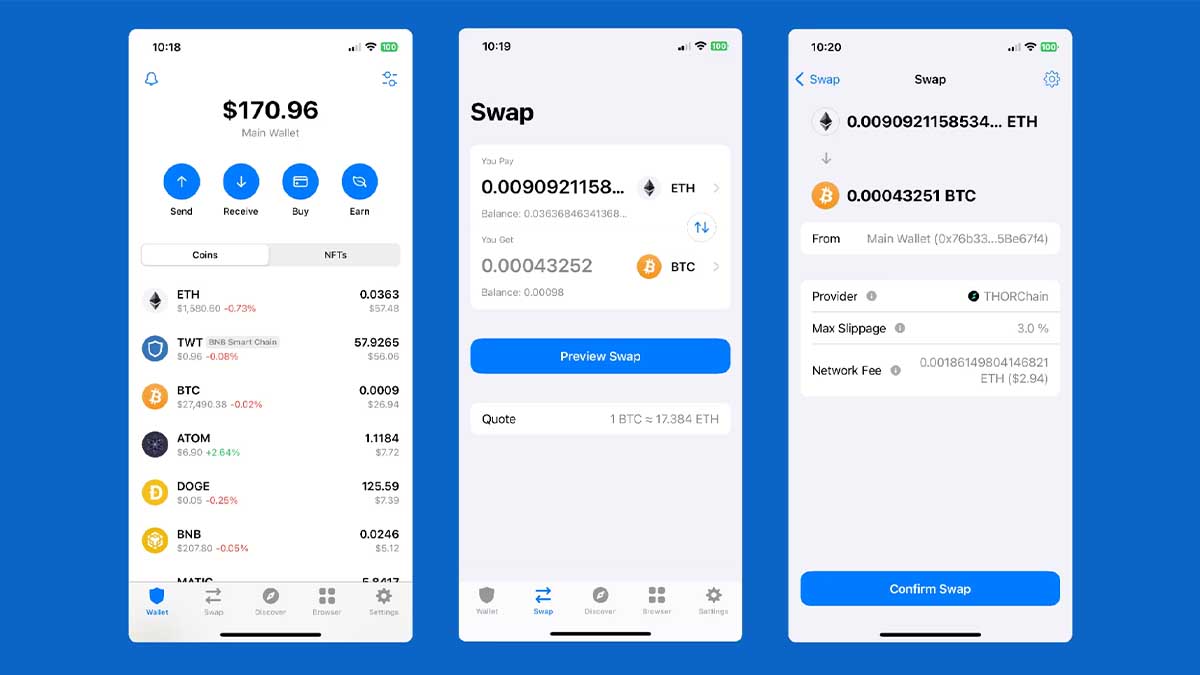 سواپ بیت کوین و اتریوم در تراست ولت